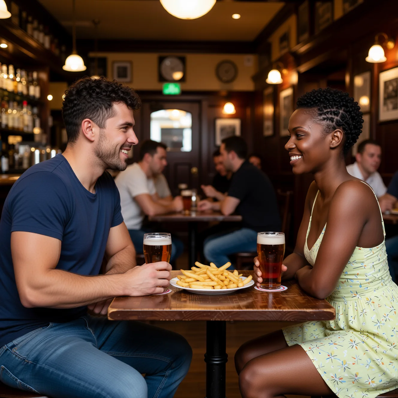 Amara and Mateo together in a shared London pub scene, shown full frame